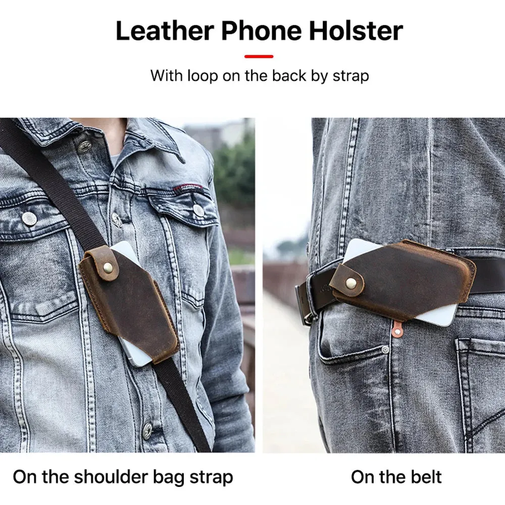 100% Nubuck Leather Men Phone Waist Case Bag for iPhone 16 15 14 13 Magnetic Button Cellphone Belt Clip Holster