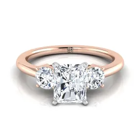 14K Rose Gold Radiant Cut Center Diamond Perfectly Matched Round Three Stone Diamond Engagement Ring -1/4ctw