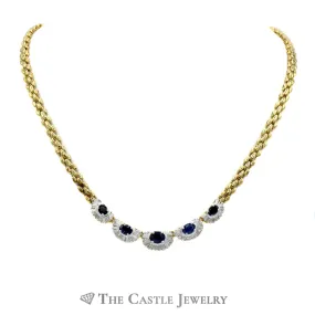 18 inch Graduated Oval Sapphire Necklaces with Baguette Diamond Halos on 14k Yellow Gold Panther Link Chain