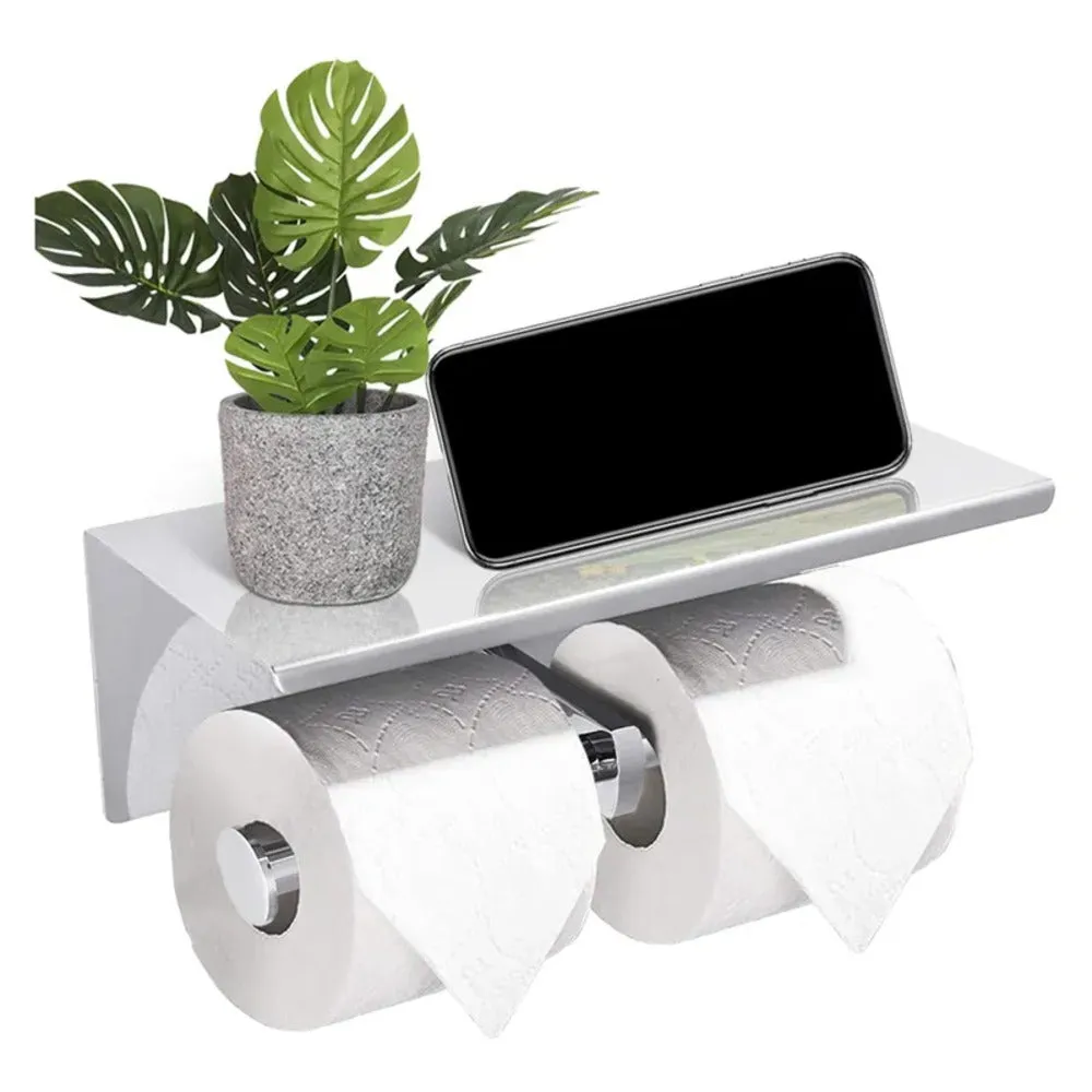 304 Stainless Steel Dual Toilet Paper Holder with Shelf