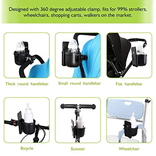 Accmor Stroller Cup Holder with Phone Holder, 2-in-1 Universal Cup Phone Holder for Stroller, Bike, Wheelchair, Walker, Scooter, Black