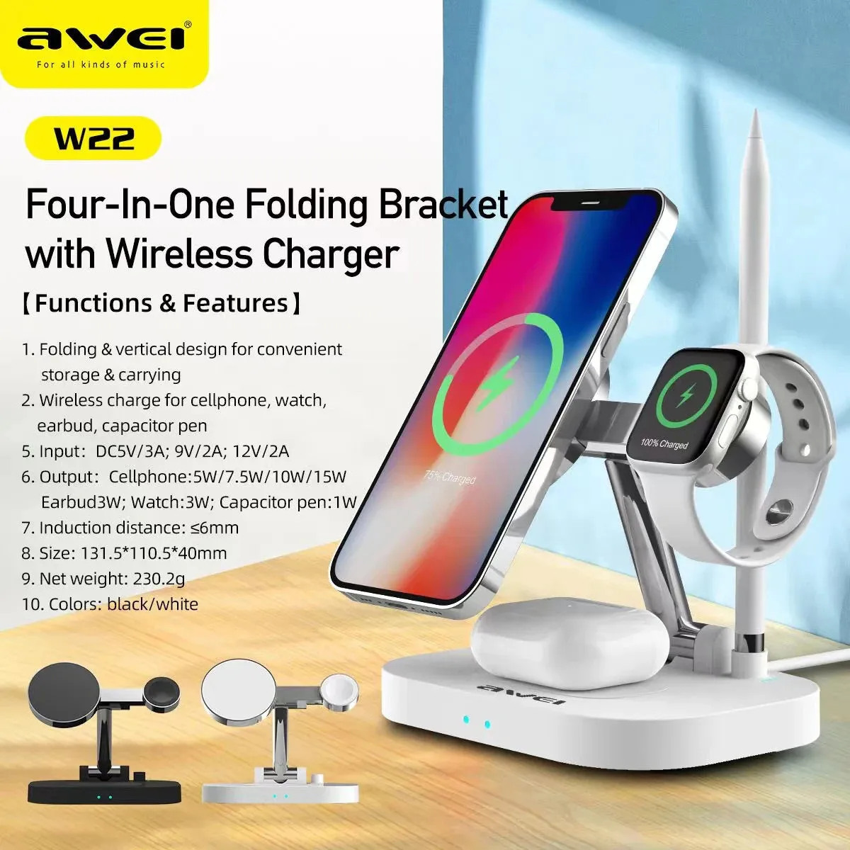 Awei Foldable 4 in 1 Wireless Charger Fast Charging Station with Magnetic Charging Stand 15W