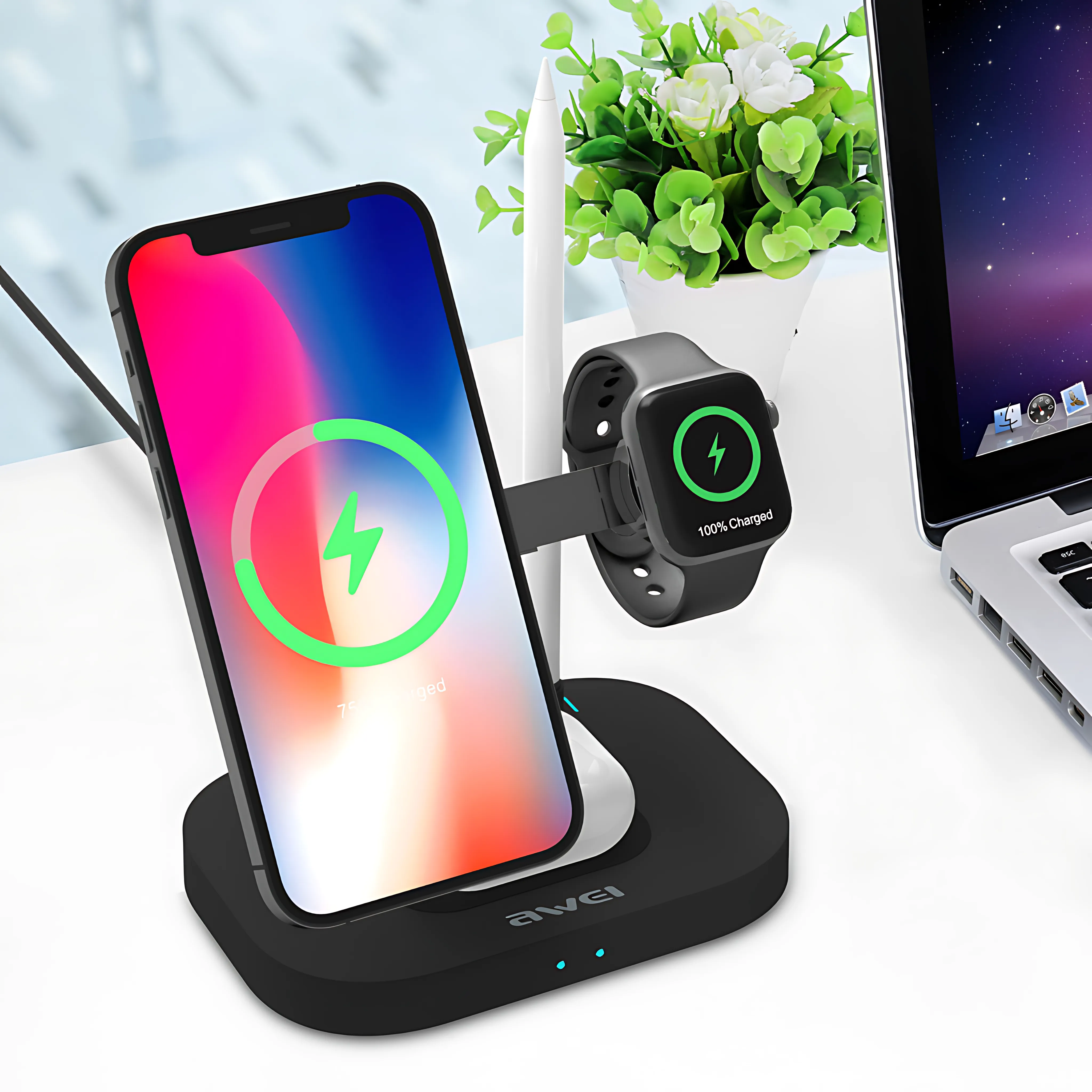 Awei Foldable 4 in 1 Wireless Charger Fast Charging Station with Magnetic Charging Stand 15W