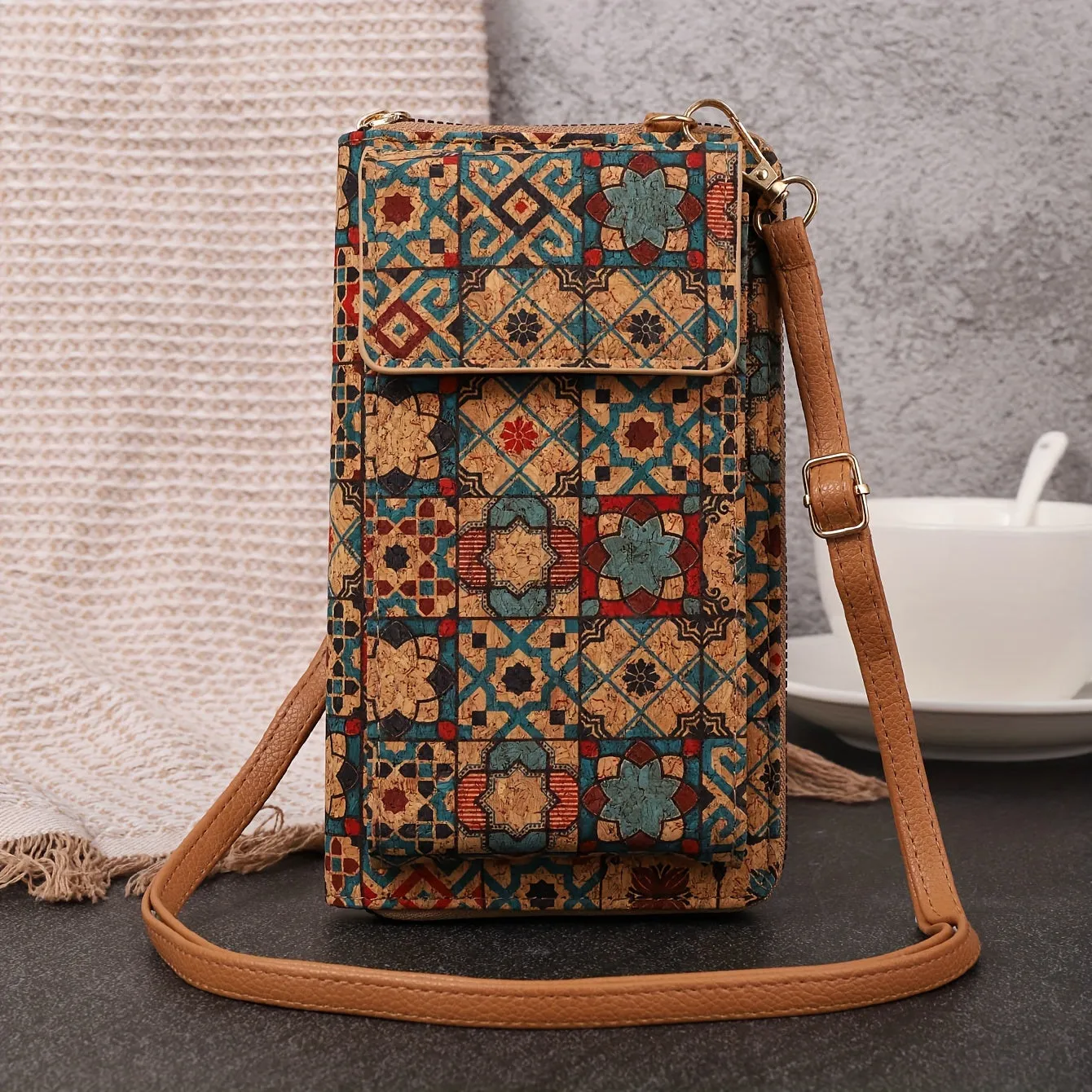 Bohemian Floral Pattern Wallet, Retro Vegan Leather Coin Purse, Women's Crossbody Mobile Phone Bag