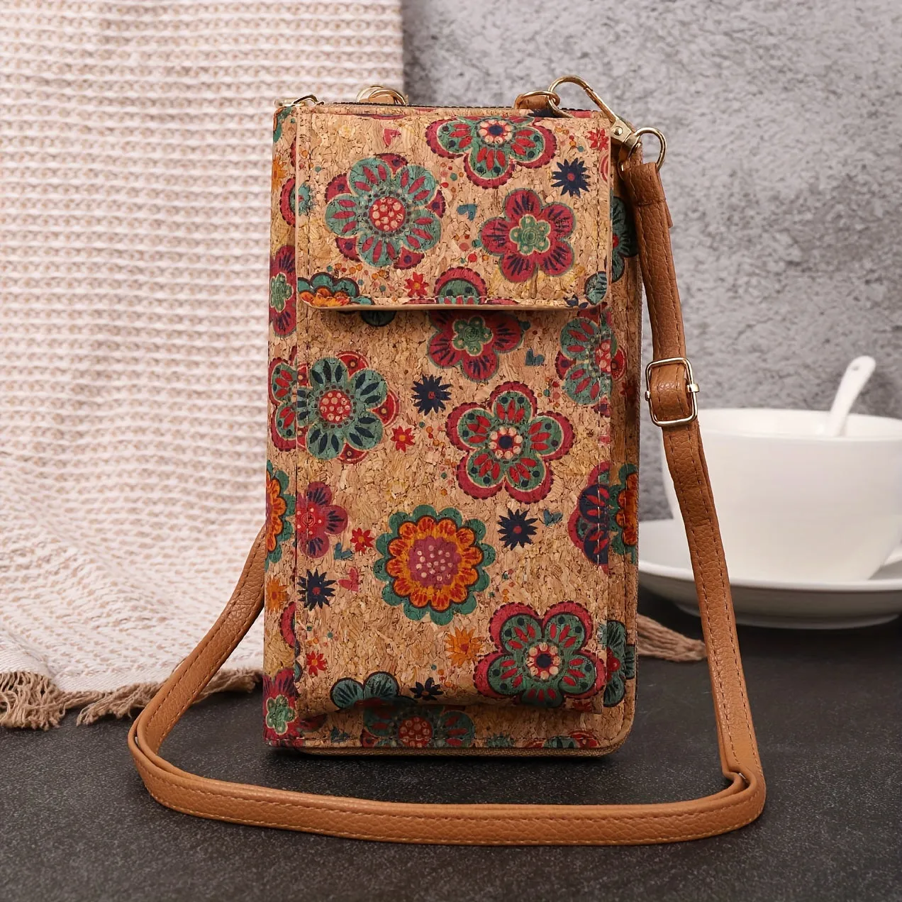 Bohemian Floral Pattern Wallet, Retro Vegan Leather Coin Purse, Women's Crossbody Mobile Phone Bag