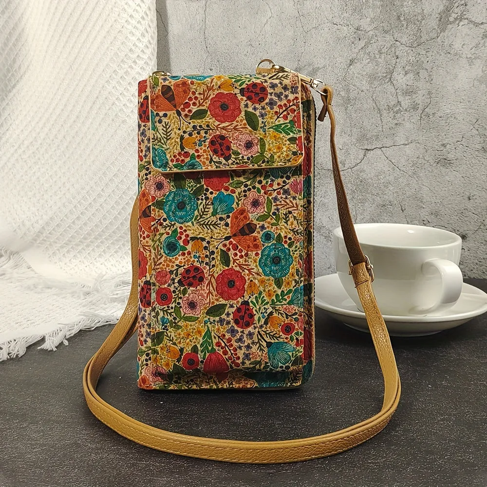 Bohemian Floral Pattern Wallet, Retro Vegan Leather Coin Purse, Women's Crossbody Mobile Phone Bag