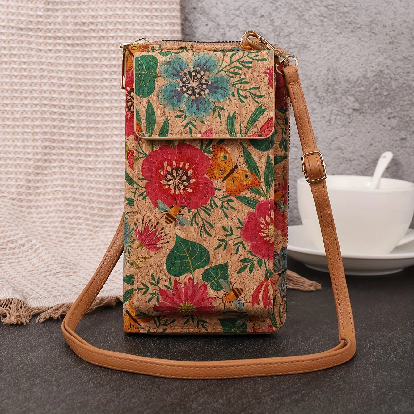 Bohemian Floral Pattern Wallet, Retro Vegan Leather Coin Purse, Women's Crossbody Mobile Phone Bag