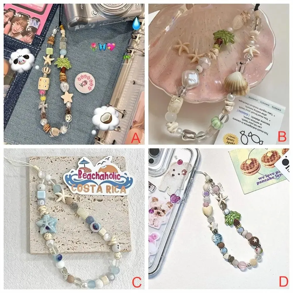 Coconut Tree Beaded Mobile Phone Charm Strap Chain Lanyard Women Jewelry Star Phone Holder Beads Pendant Decoration