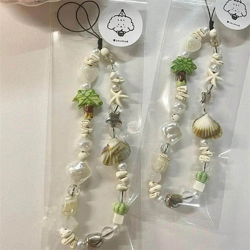 Coconut Tree Beaded Mobile Phone Charm Strap Chain Lanyard Women Jewelry Star Phone Holder Beads Pendant Decoration