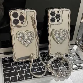 Cute Bling Electroplated   Rhinestone Gem Heart Stand   Chain Strap Protective Shockproof Phone Case iPhone X XS XR 11 12 13 14 Pro Max