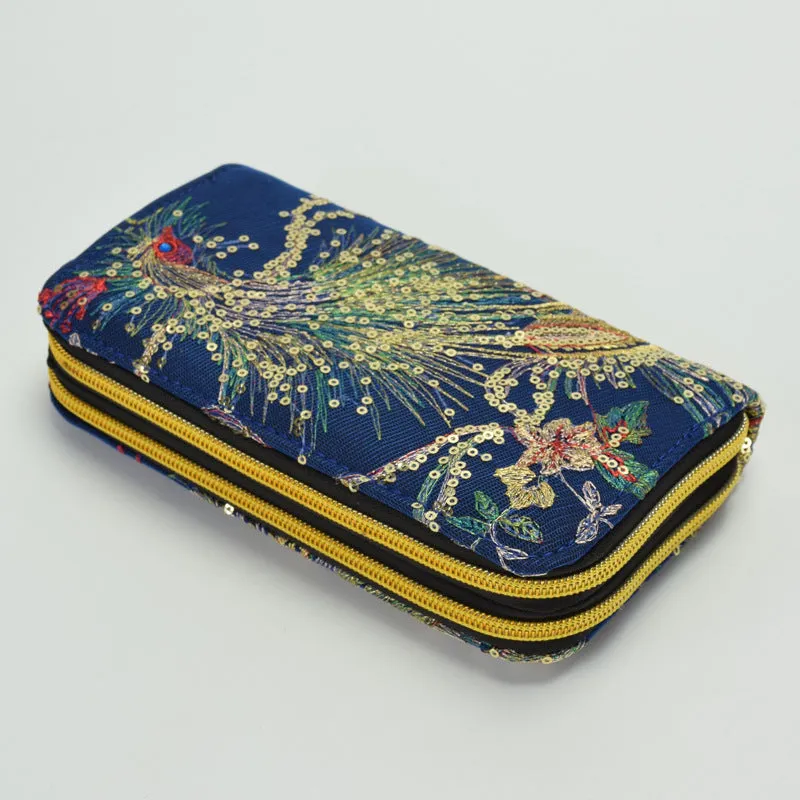 Ethnic Style Double-Sided Embroidered Wallet Featured Peacock Embroidery Long Zipper Handheld Change and Mobile Phone Bag