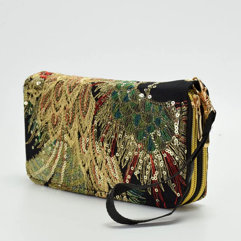 Ethnic Style Double-Sided Embroidered Wallet Featured Peacock Embroidery Long Zipper Handheld Change and Mobile Phone Bag