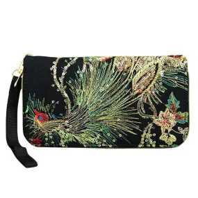 Ethnic Style Double-Sided Embroidered Wallet Featured Peacock Embroidery Long Zipper Handheld Change and Mobile Phone Bag