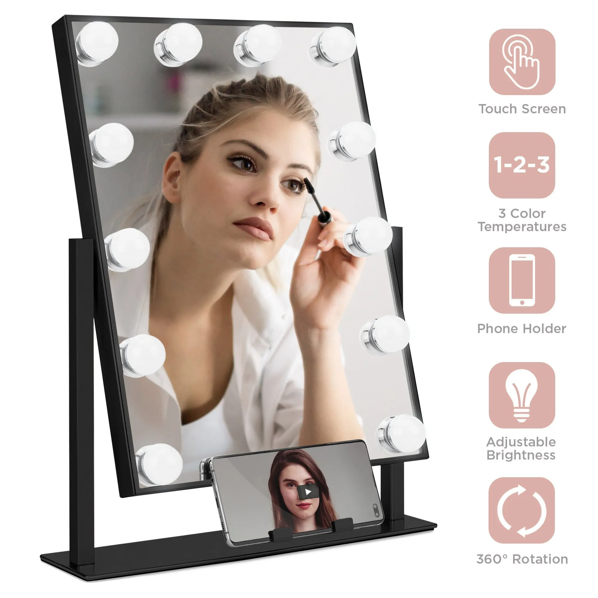 Hollywood Makeup Vanity Mirror w/ Smart Touch, Phone Holder, 12 LED Lights