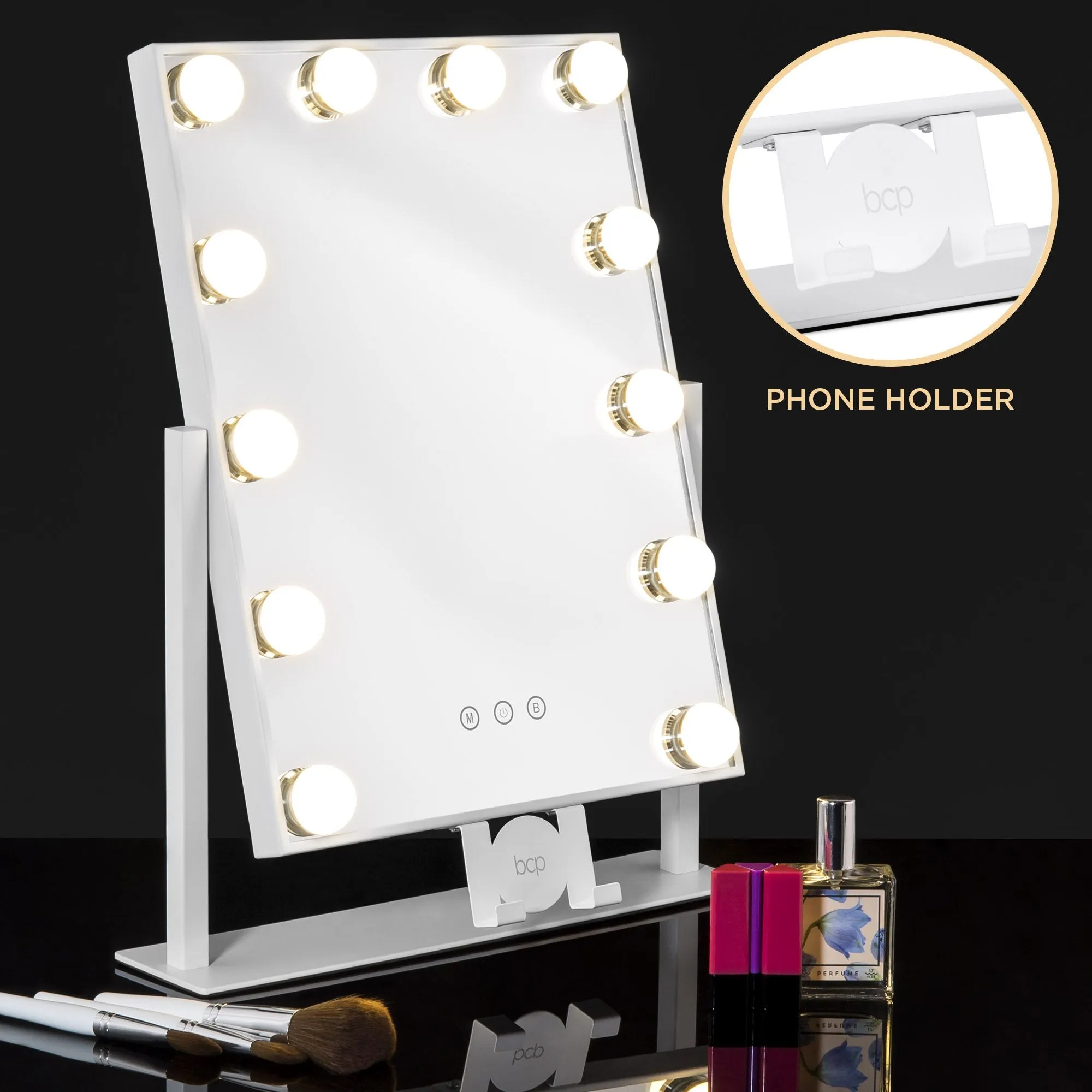 Hollywood Makeup Vanity Mirror w/ Smart Touch, Phone Holder, 12 LED Lights