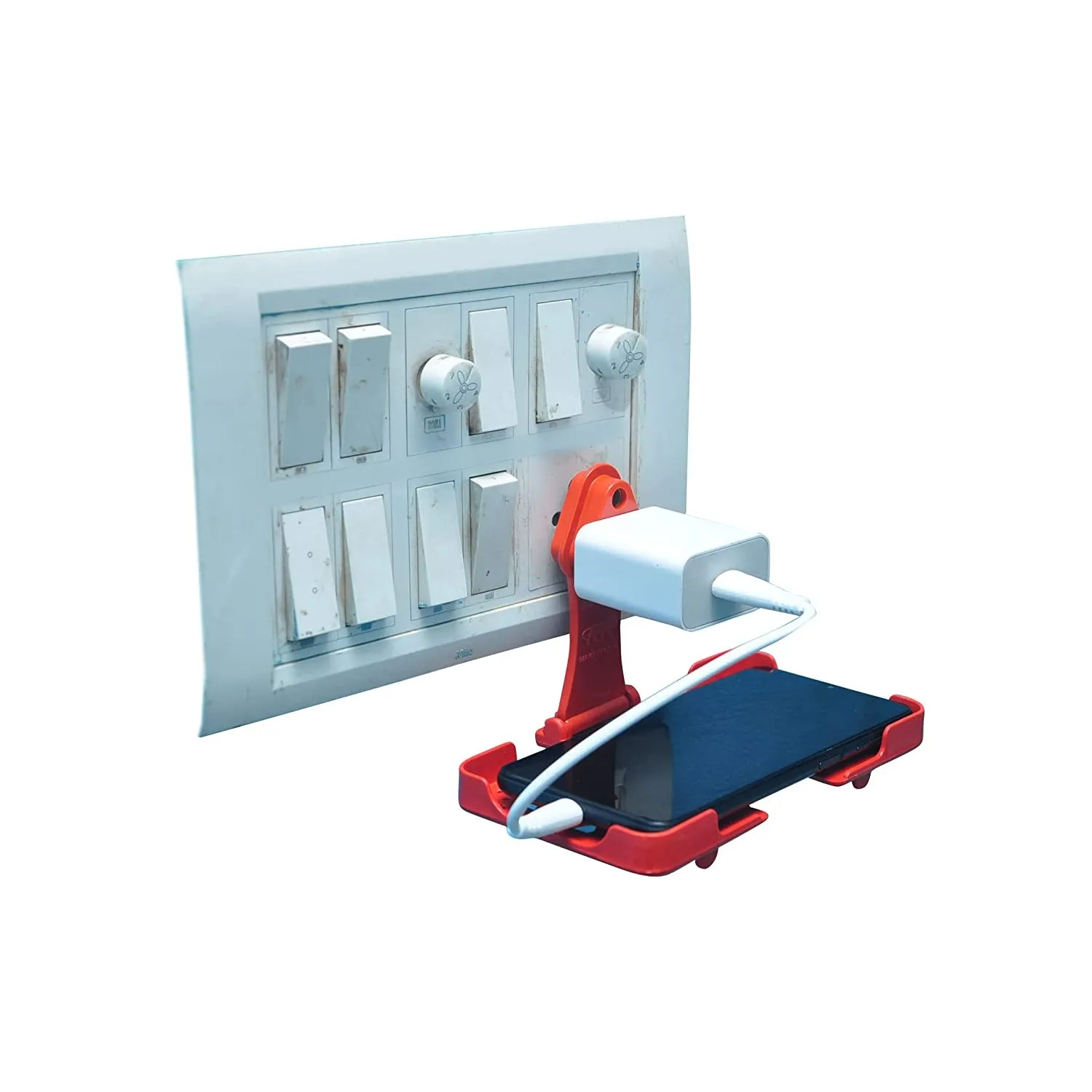 Multi-Purpose Wall Holder Stand for Charging Mobile Just Fit in Socket and Hang (Red)