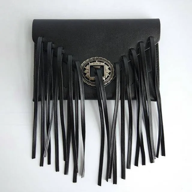 Phone holder, Genuine Leather cowhide Vintage long Tassel Waist bag, fringe fanny pack, clutch - black