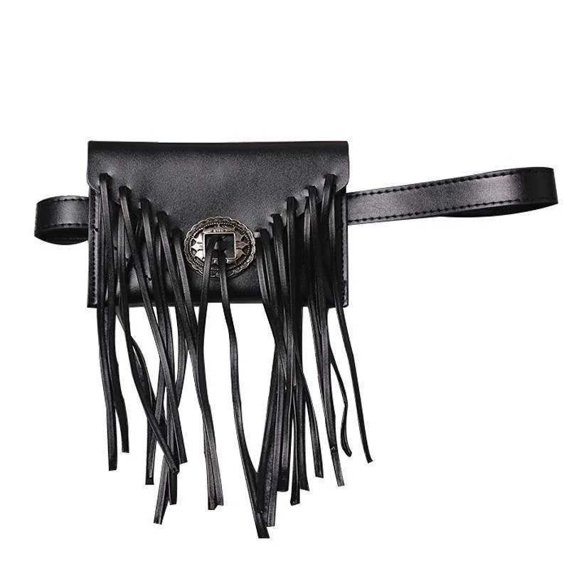 Phone holder, Genuine Leather cowhide Vintage long Tassel Waist bag, fringe fanny pack, clutch - black