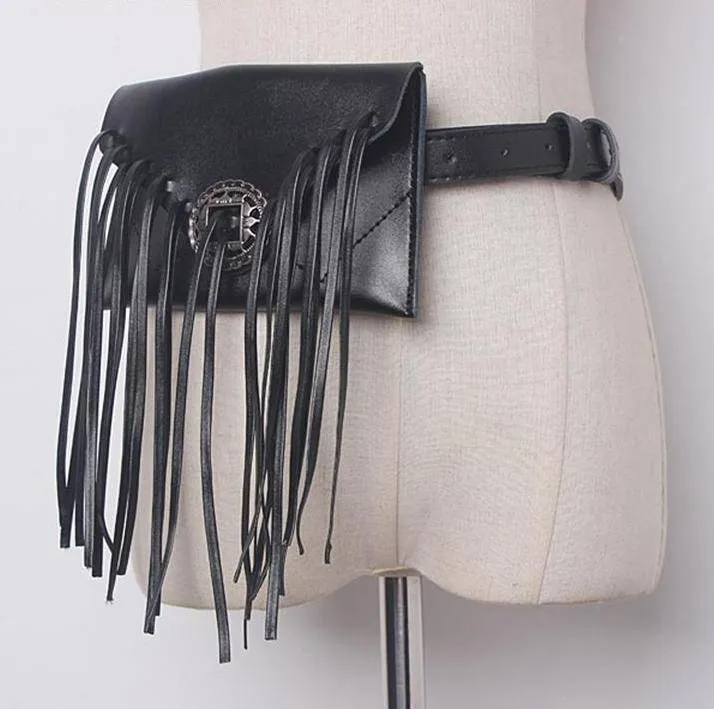 Phone holder, Genuine Leather cowhide Vintage long Tassel Waist bag, fringe fanny pack, clutch - black