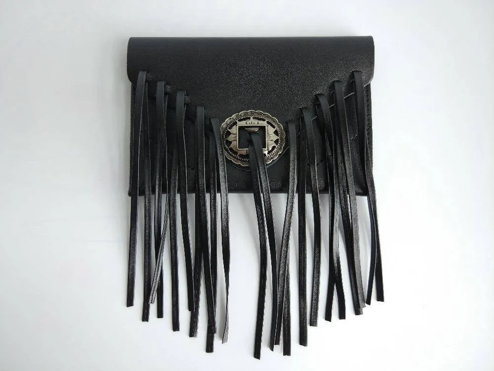 Phone holder, Genuine Leather cowhide Vintage long Tassel Waist bag, fringe fanny pack, clutch - black