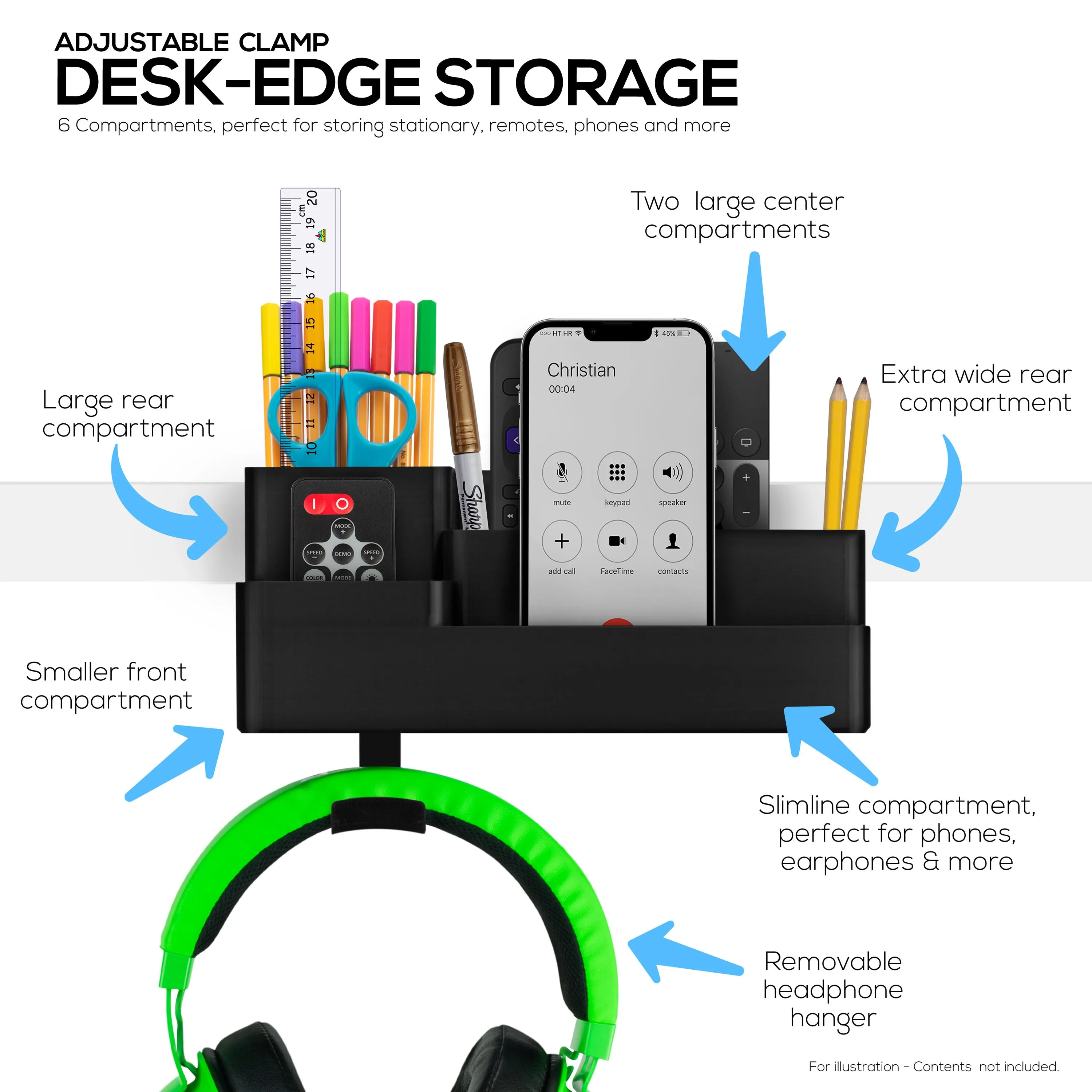 Stationary Pen Holder with Headphone Hanger, Hobby Craft Home Office Organizer for Side of Desk, Shelves - Easy To Install, Adjustable Clamp