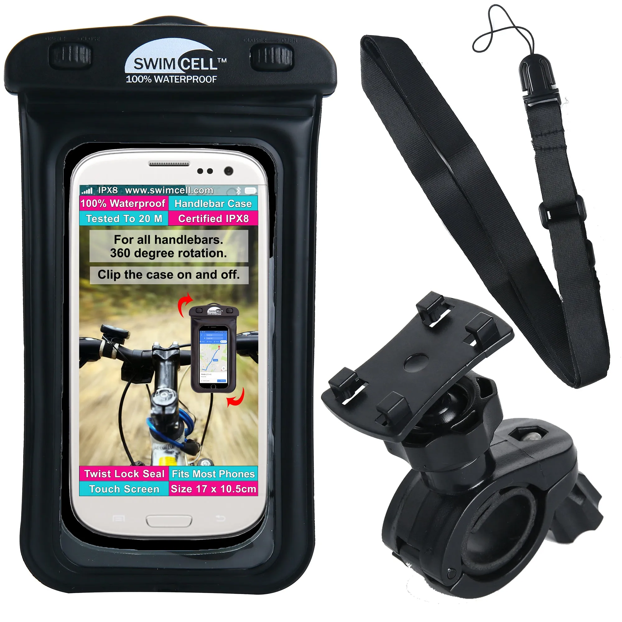 SwimCell Phone Holder Bike Waterproof Case - Handlebar Mount. (10cm x 16cm)