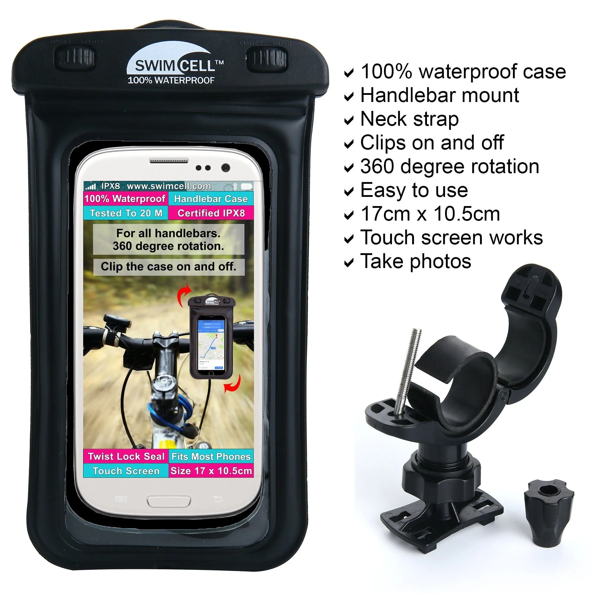 SwimCell Phone Holder Bike Waterproof Case - Handlebar Mount. (10cm x 16cm)