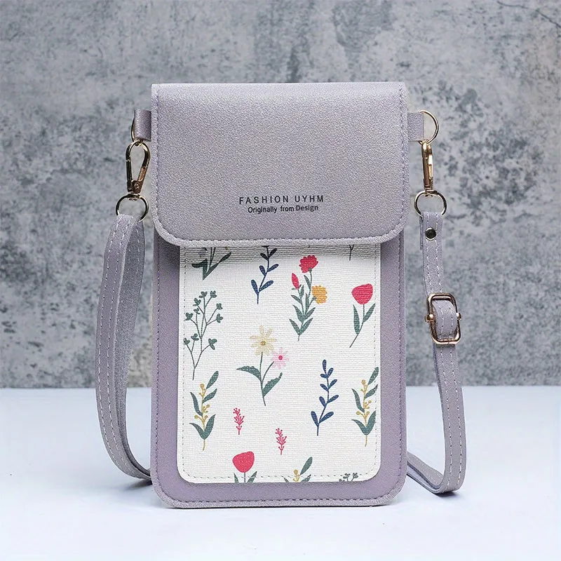 Touch Screen Mobile Phone Bag, Small Floral Pattern Crossbody Bag, Women's Shoulder Wallet & Coin Purse