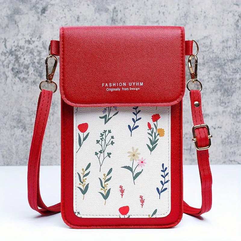 Touch Screen Mobile Phone Bag, Small Floral Pattern Crossbody Bag, Women's Shoulder Wallet & Coin Purse