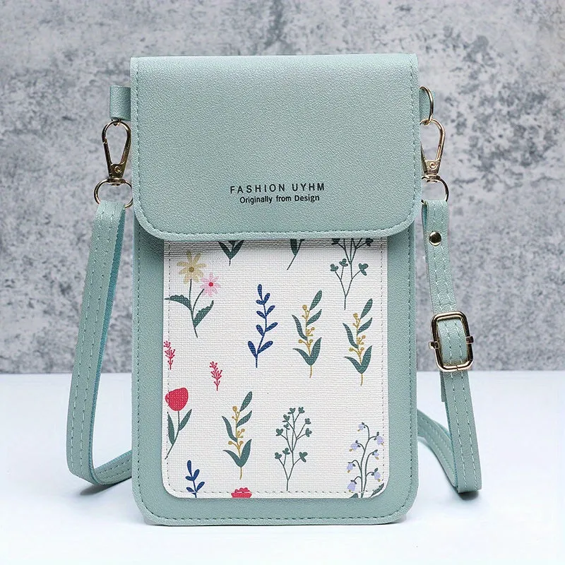 Touch Screen Mobile Phone Bag, Small Floral Pattern Crossbody Bag, Women's Shoulder Wallet & Coin Purse