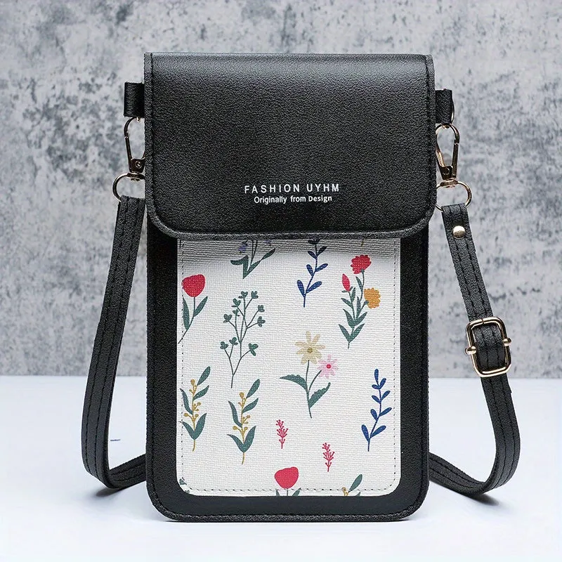 Touch Screen Mobile Phone Bag, Small Floral Pattern Crossbody Bag, Women's Shoulder Wallet & Coin Purse