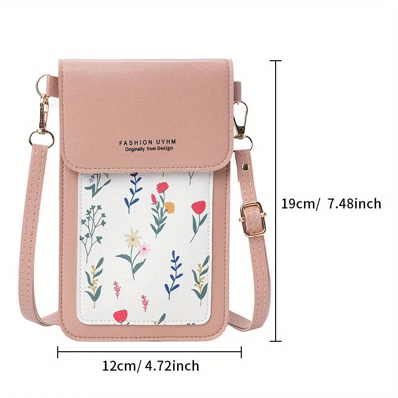 Touch Screen Mobile Phone Bag, Small Floral Pattern Crossbody Bag, Women's Shoulder Wallet & Coin Purse