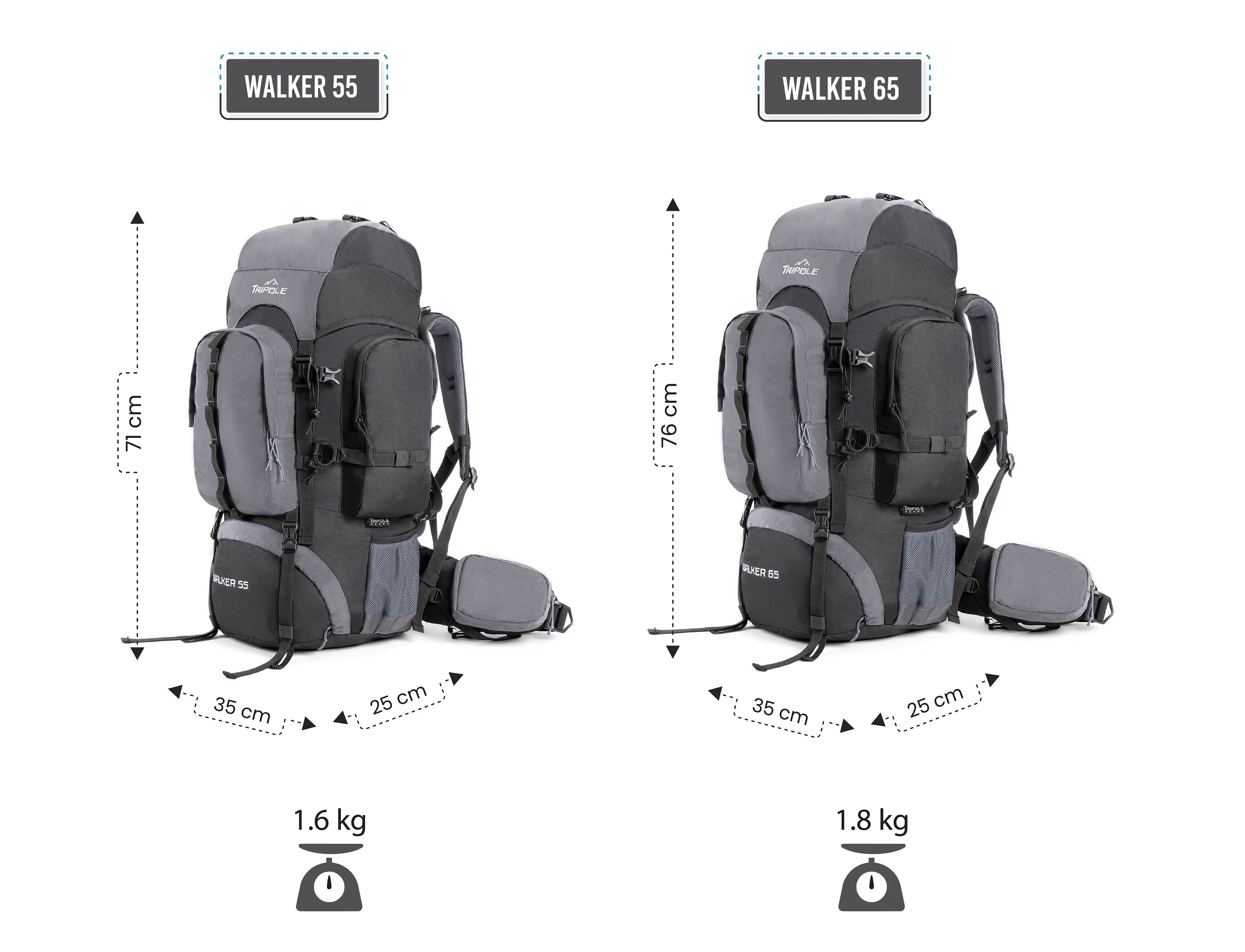 Tripole Walker 55L Internal Frame Rucksack for Hiking | Rain Cover | Water Repellent | Laptop Section | 3 Year Warranty | Black & Grey