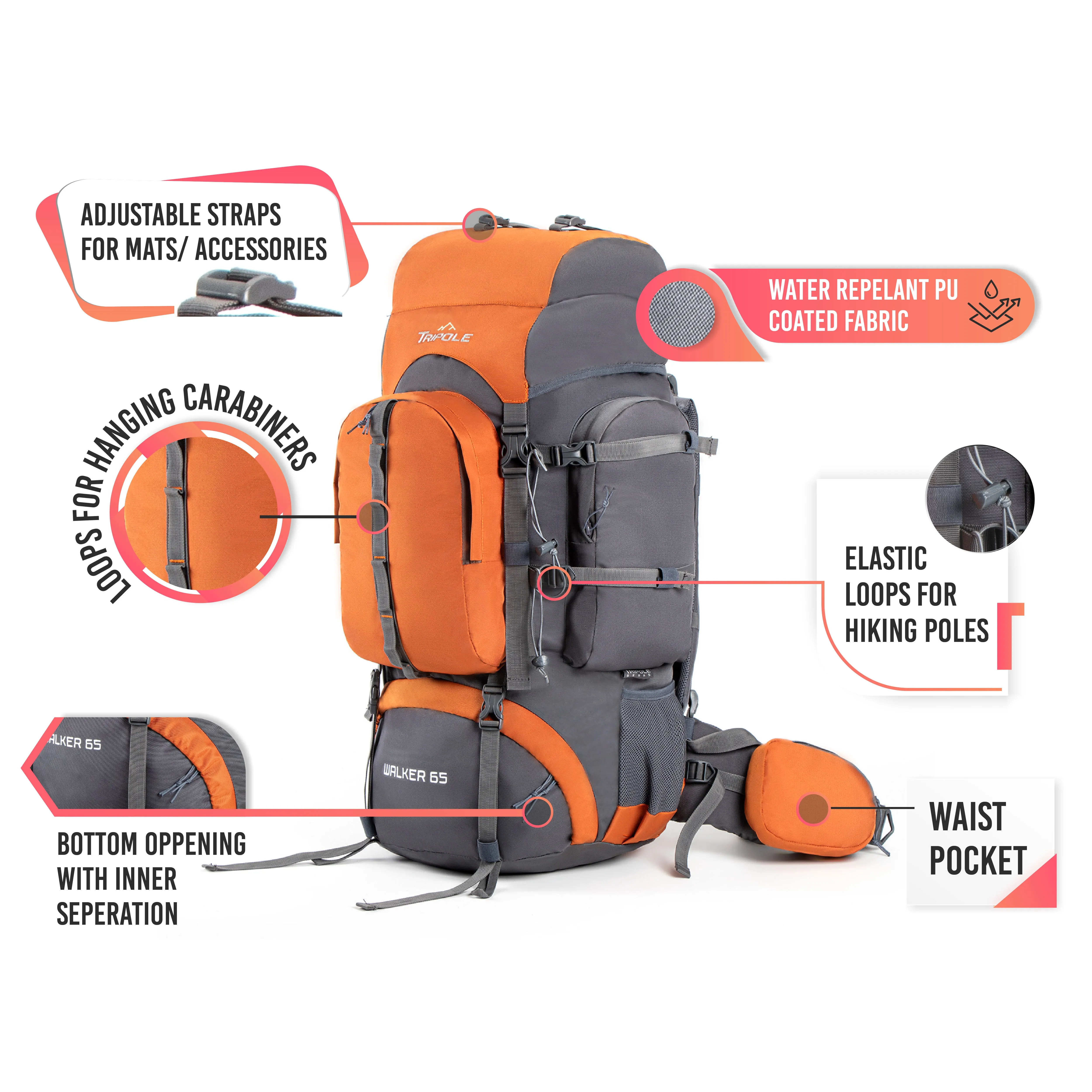 Tripole Walker 65 Litre Rucksack for Trekking and Travel | Laptop Sleeve | Water Repellent | Rain Cover | 3 Year Warranty | Grey & Orange