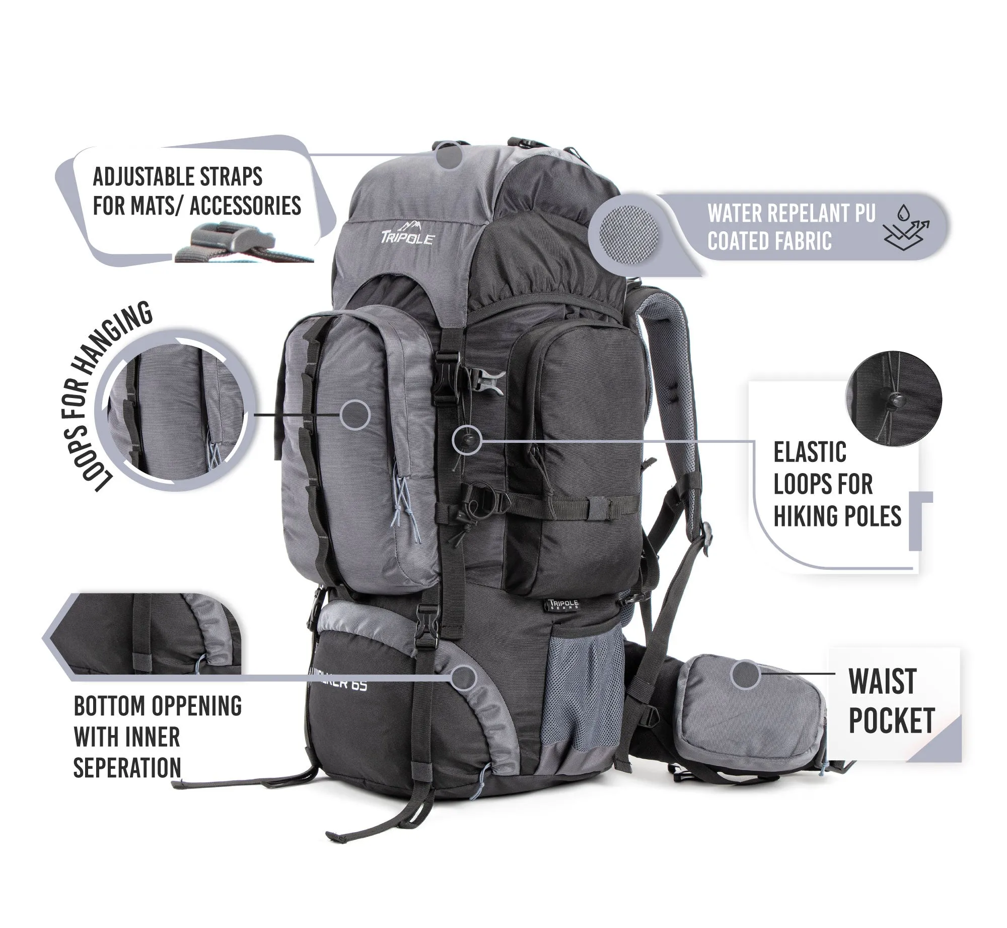 Walker 65 Litre Rucksack (Black & Grey)   Foldable Day Pack