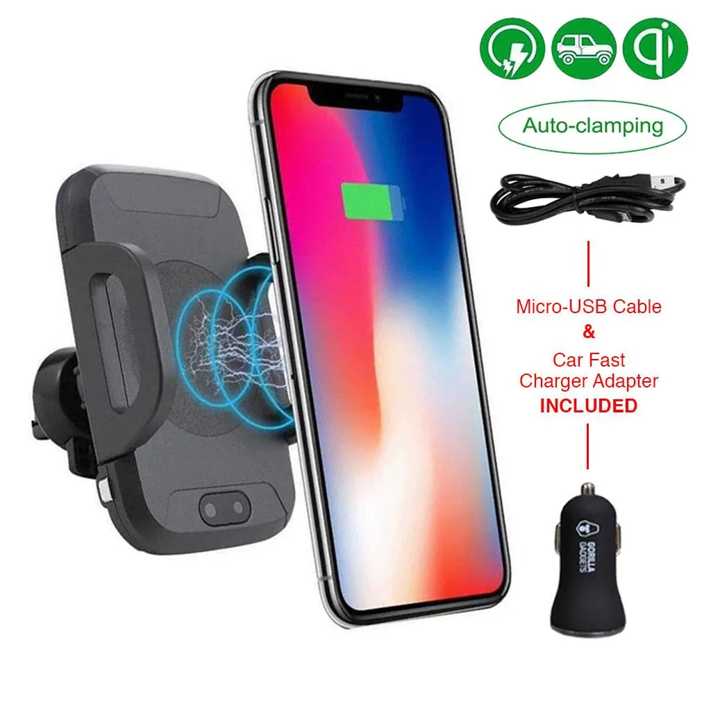 Wireless Charger Car Phone Mount - Sensor Auto-Clamp, QC 3.0 Adapter