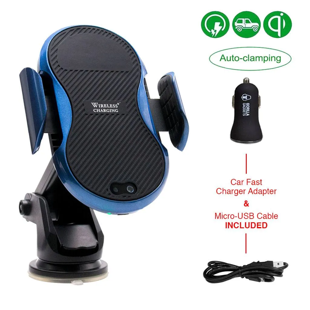 Wireless Charger Car Phone Mount - Sensor Auto-Clamp, QC 3.0 Adapter