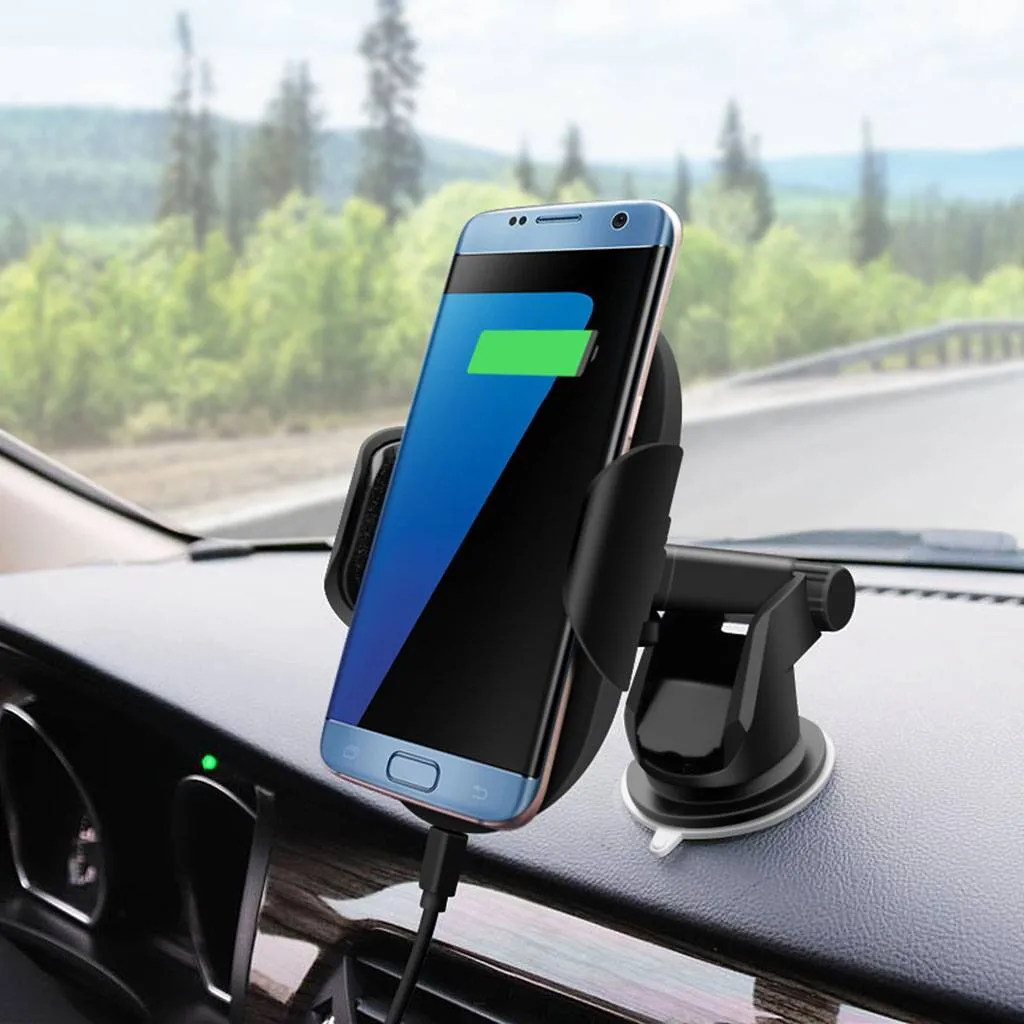 Wireless Charger Car Phone Mount - Sensor Auto-Clamp, QC 3.0 Adapter